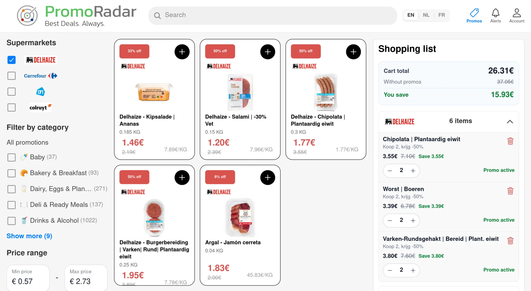 PromoRadar app showing price comparisons, filters, and a shopping list